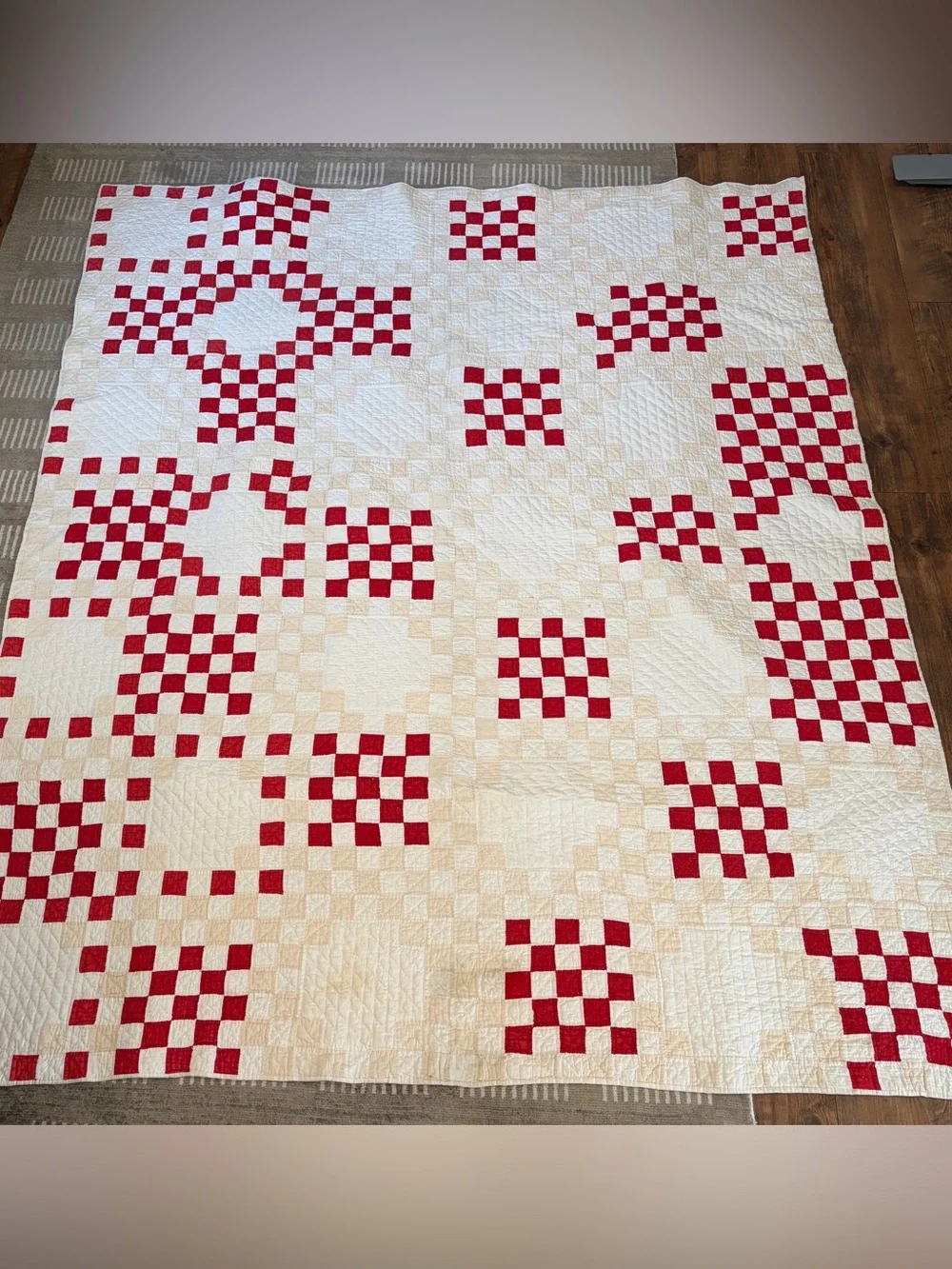 Vintage 1930-1940s Red & White Patchwork Checkered Feed Sack Quilt 65x74